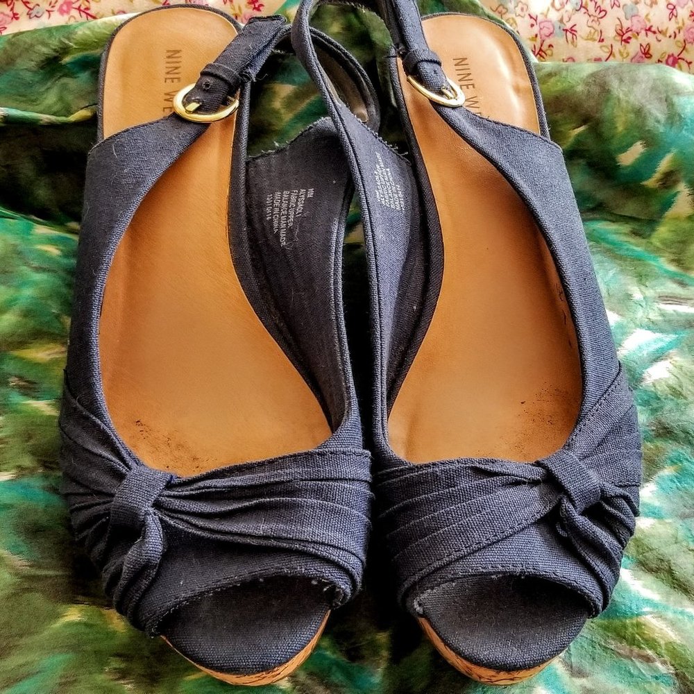 Nine West Cork & Canvas Slingback Wedges Size 10 M